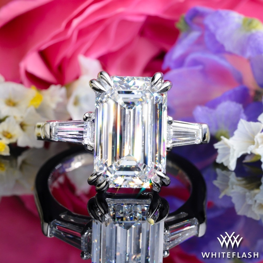 Platinum Custom Three Stone Diamond Engagement Ring with Tapered Baguettes