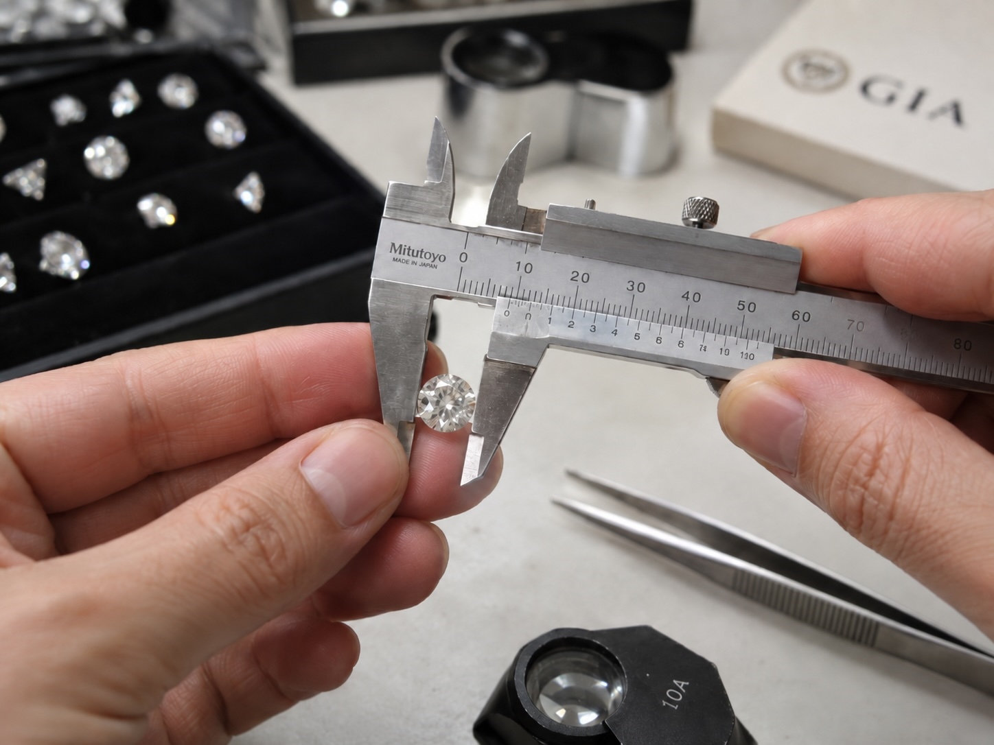 Jeweler using a precision caliper to measure the diameter of a loose round brilliant diamond.