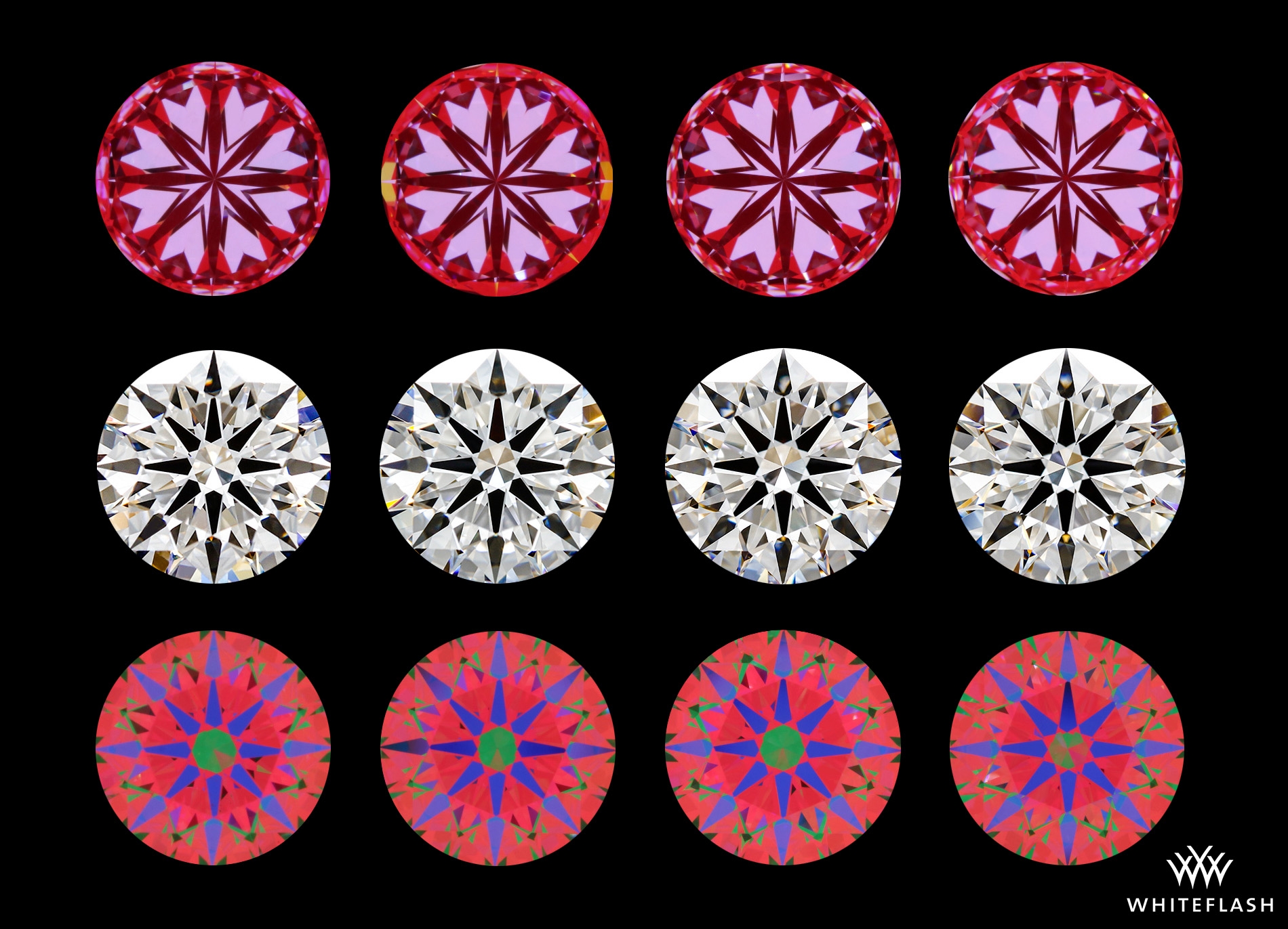 Sample of diamonds from the Whiteflash Precision Lab brand showing range of H&A variance