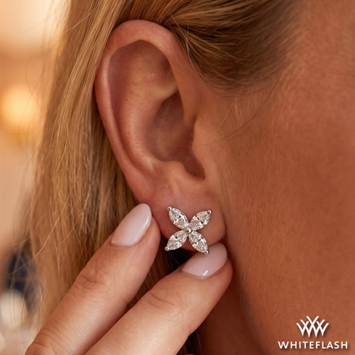14k Yellow Gold Flower Marquise Diamond Stud Earrings